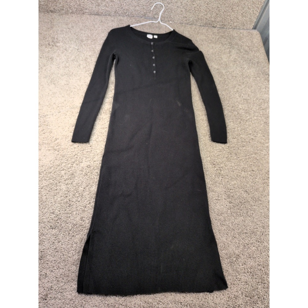 Gap Maternity Black Ribbed Henley Long Sleeve Midi Dress Small Side Slit Knit